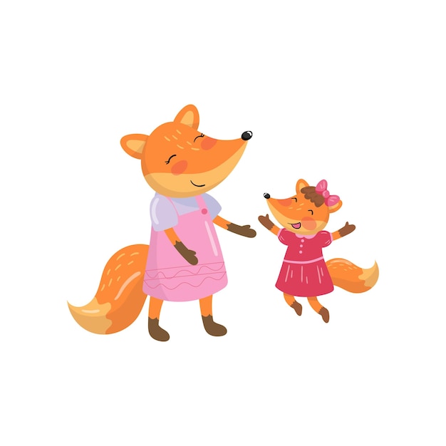 Cartoon fox familie moeder en haar kleine baby bos dierlijke karakters ontwerpelement voor moederdag dag wenskaart of kinder s boek kleurrijke platte vector