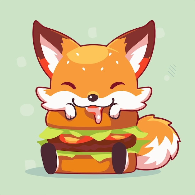 Premium Vector | A cartoon fox is eating a burger with a tongue out.