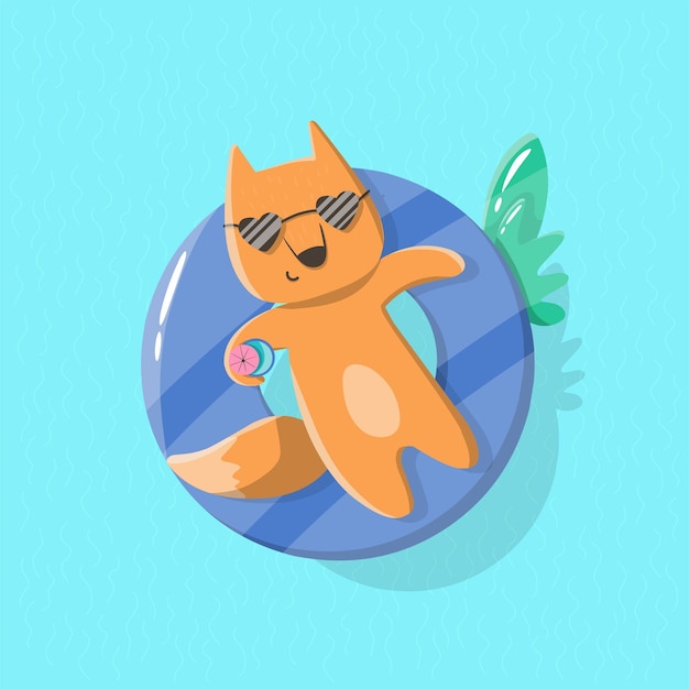 Cartoon fox in the pool on the swim ring berry