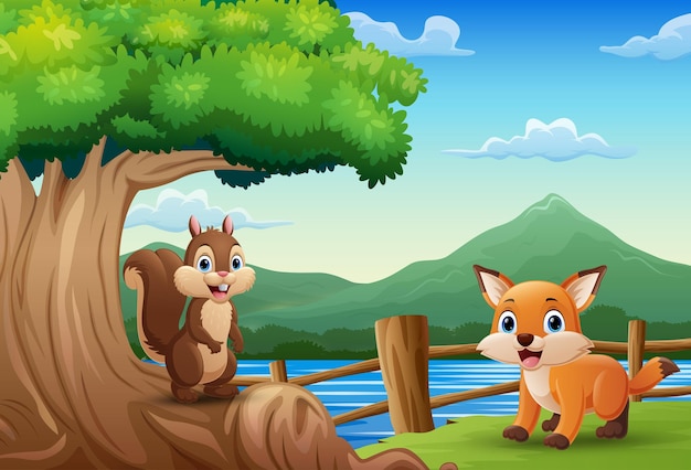 Cartoon fox and squirrel in the jungle