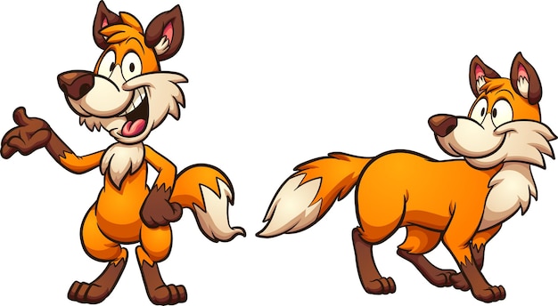 Vector cartoon fox standing in two and four legs