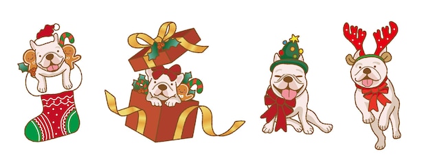 Cartoon franse bulldog-hond voor kerstdagillustratie premium vector