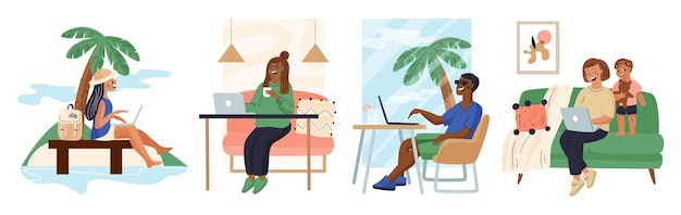 Vector cartoon freelancers artistic workers in free working atmosphere men or women with laptops on beach mother with child in home office remote job happy employees in relaxing poses garish vector set