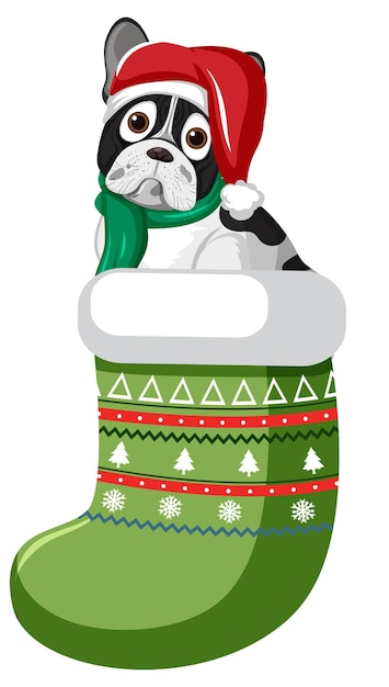 Cartoon french bulldog in christmas stocking