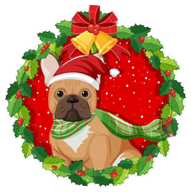 Vector cartoon french bulldog in christmas wreath isolated