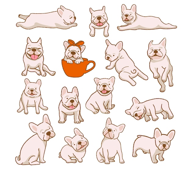 Cartoon French Bulldog dog illustration set