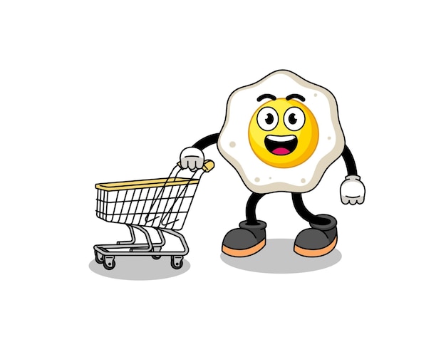 Cartoon of fried egg holding a shopping trolley