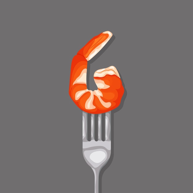 Vector cartoon fried shrimp on steel fork asian seafood dish vector illustration