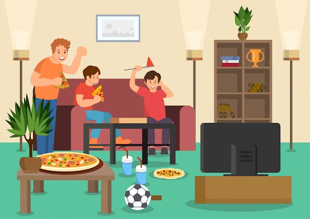 Vector cartoon friends fans eat pizza watching football