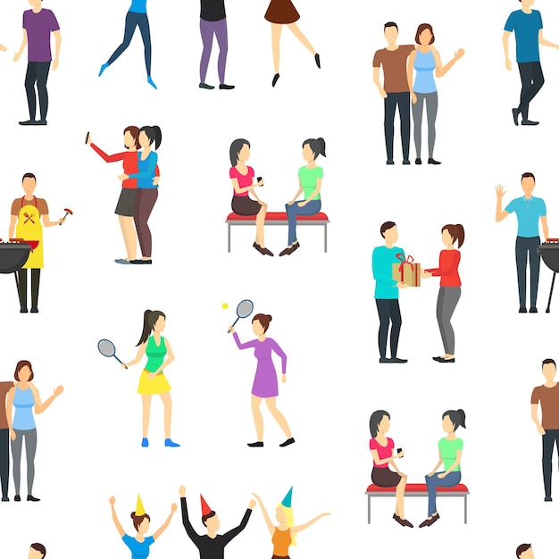 Cartoon Friends Social Characters Seamless Pattern Background on a White Happy Friendship Concept Element Flat Design Style Vector illustration of Icon People