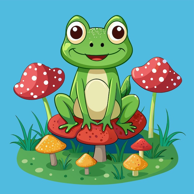 Vector a cartoon of a frog sitting on a mushroom with mushrooms
