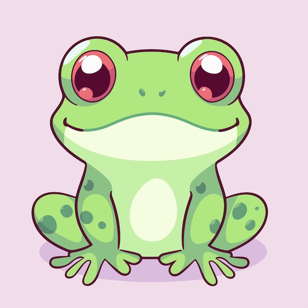 A cartoon frog with pink eyes sits on a purple background.