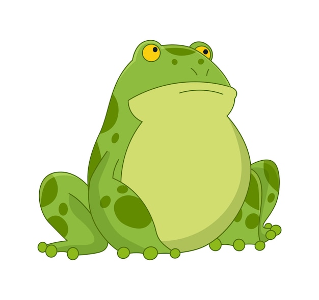 漫画のカエル 面白い漫画のカエル 白い背景の上に座っている小さな両生類のキャラクター 愛らしいカエルを見て