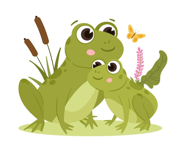 Cartoon frogs green amphibian mom and baby cute froggy flat vector illustrations green frogs family