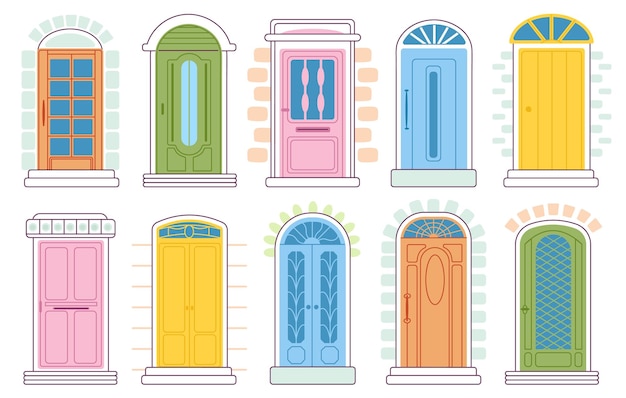 Cartoon front doors Retro facade door buildings front exterior Vintage different elegant entrance in houses Decorated enter in apartment decent vector set