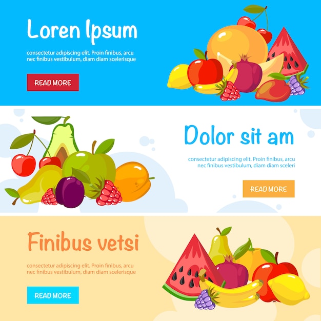 Vector cartoon fruit banners. kleurrijke vers voedselcollectie