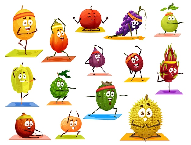 Cartoon fruit characters doing yoga and fitness