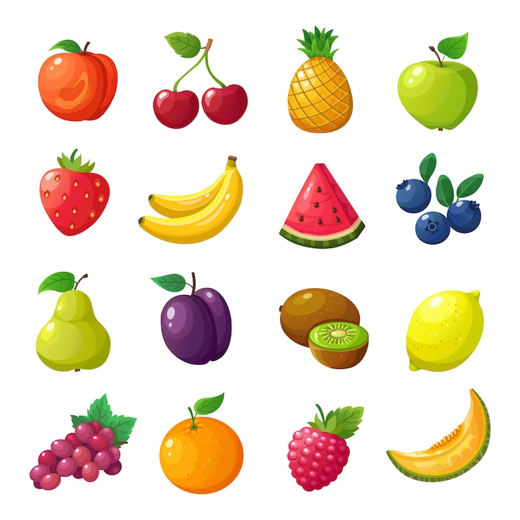 Vector cartoon fruit en bessen. meloen peer mandarijn watermeloen appel oranje geïsoleerde vector set