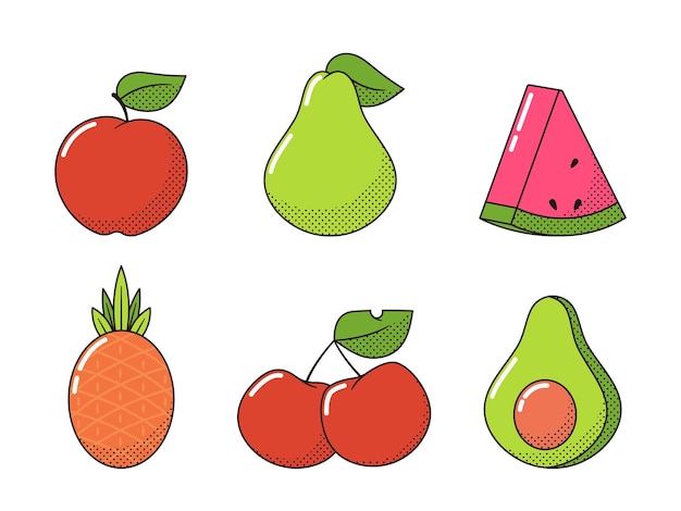 Cartoon fruit in retro stijl appel peer watermeloen segment en ananas kersen en avocado geïsoleerd op witte achtergrond halve toon platte tuin en tropische vruchten instellen vectorillustratie