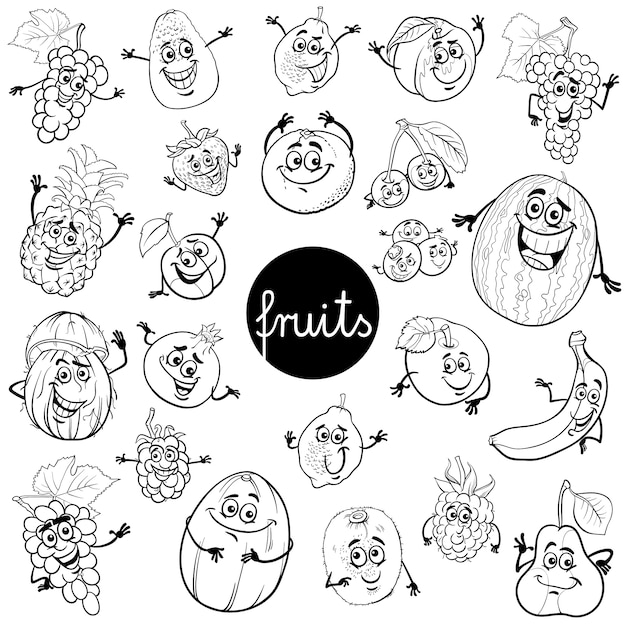 Cartoon fruit tekens ingesteld kleurenboek