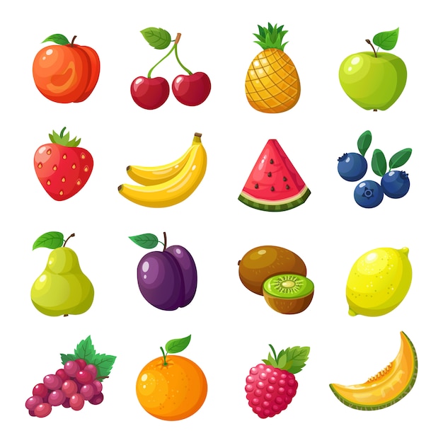 Vector cartoon fruits and berries. melon pear mandarin watermelon apple orange isolated vector set