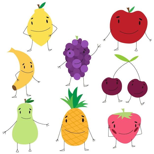 Cartoon fruits characters collection Set of vector fruits Vector illustration