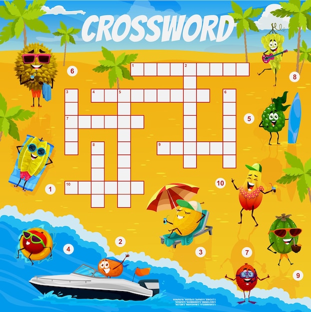 Cartoon fruits characters summer beach crossword