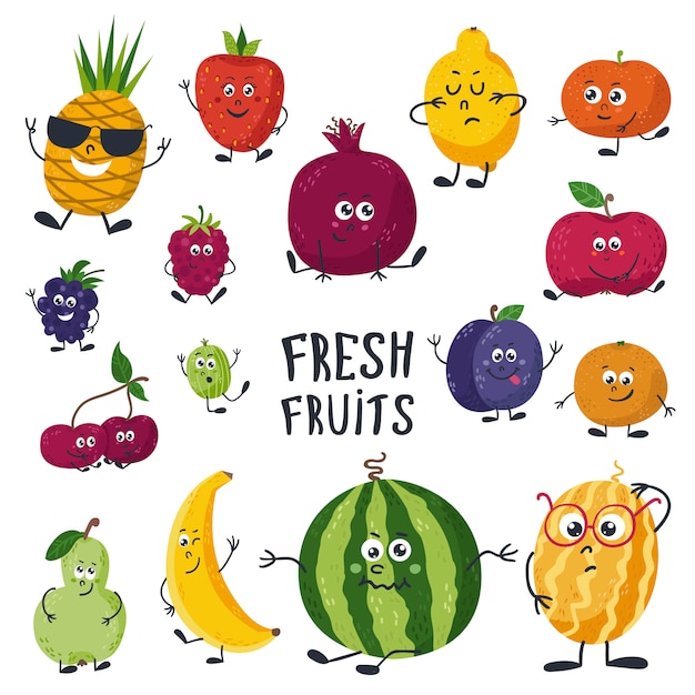Cartoon fruits cute characters face
