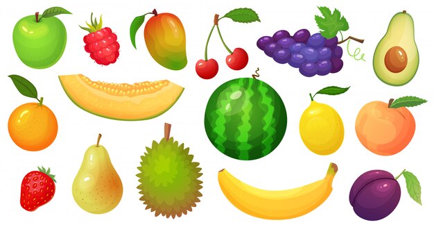 Vector cartoon fruits. mango fruit, melon slice and tropical banana. raspberry berries, watermelon and apple  illustration set