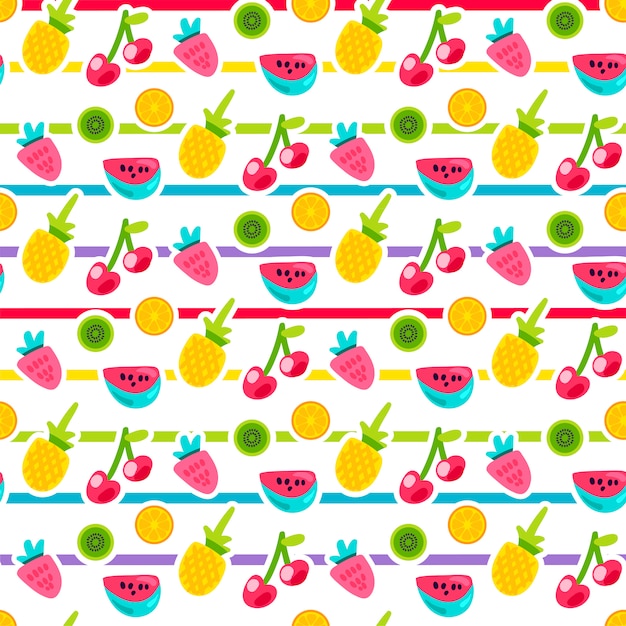 Cartoon fruits striped seamless vector pattern