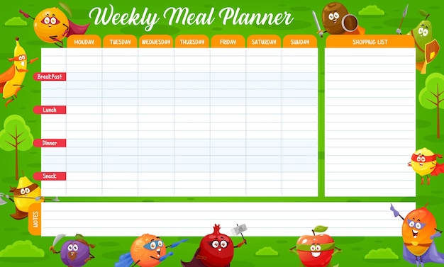 Cartoon fruits superheroes weekly meal planner