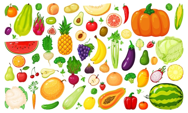 Cartoon fruits and vegetables broccoli set