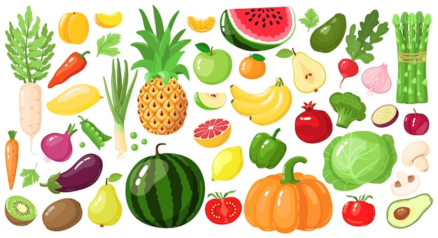 Cartoon fruits and vegetables set