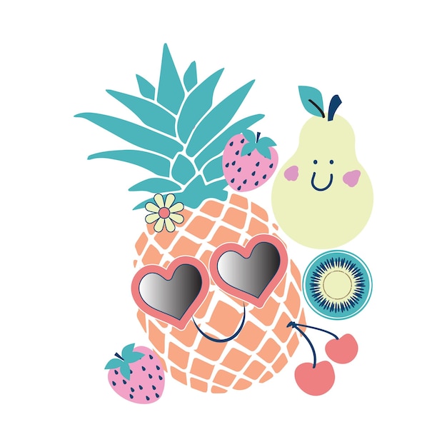 Cartoon fruits with love sun glass vector illustration isolated on white background