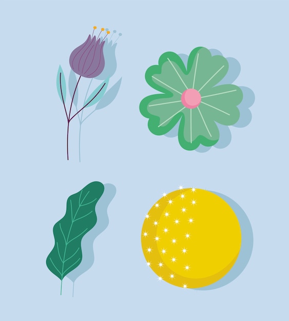 Cartoon full moon flowers leaf nature decoration icons vector design and illustration