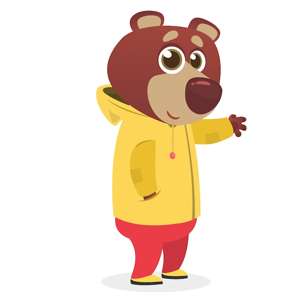 Мультфильм смешной и счастливый медведь в желтом дождевике