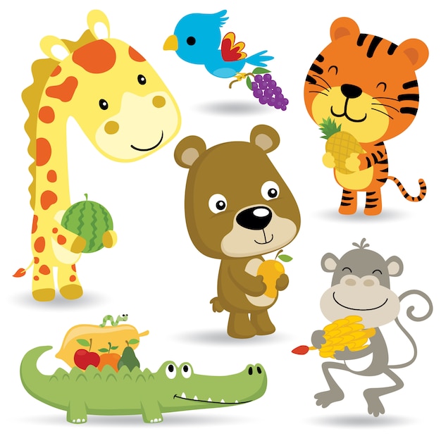 Vettore cartone animato di animali divertenti cartoon con frutti
