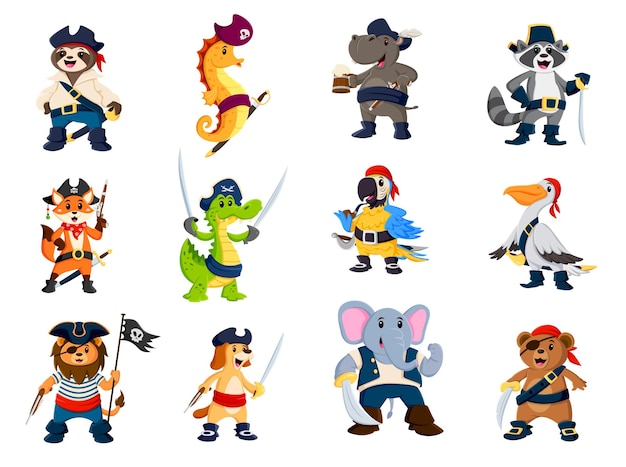 Vector cartoon funny animals and sea pirate characters