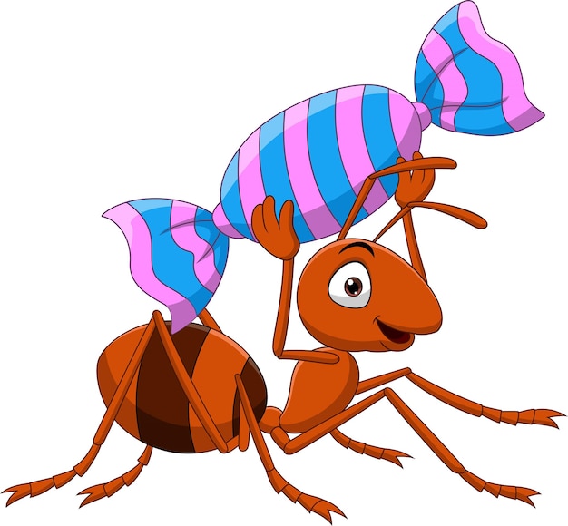 Vector cartoon funny ant carrying a candy