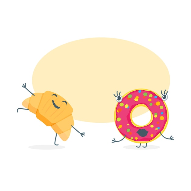 Vector cartoon funny bakery characters cute croissant and donut dessert for cafe restaurant or shop element flat design style.