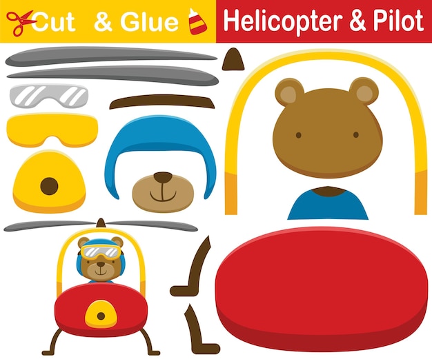 Cartoon of funny bear on helicopter. education paper game for children. cutout and gluing