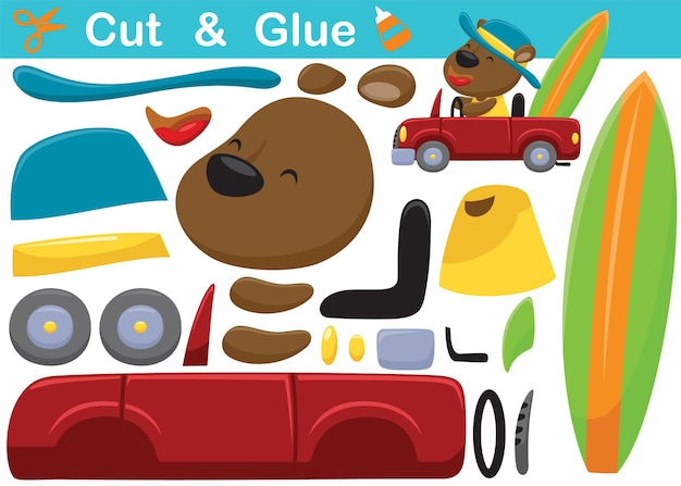 Cartoon of funny bear wearing hat on car carrying surfboard. education paper game for children. cutout and gluing