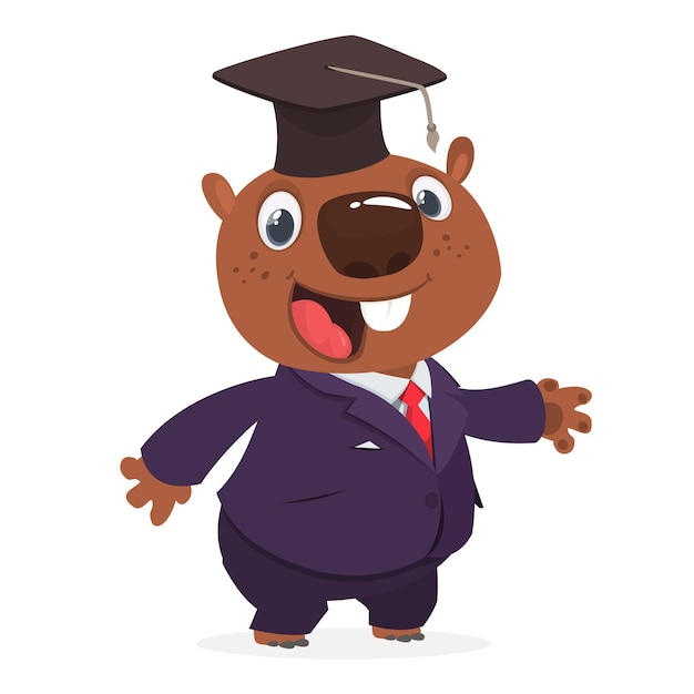 Vector cartoon funny beaver wearing toxedo or business suit and graduation hat vector illustration