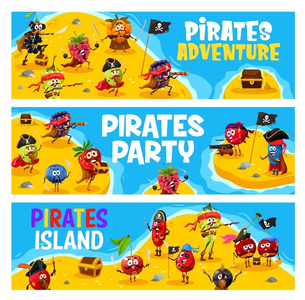 Vector cartoon funny berry pirates on treasure island