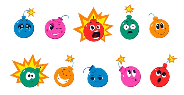 Cartoon funny bomb characters isolated vector set