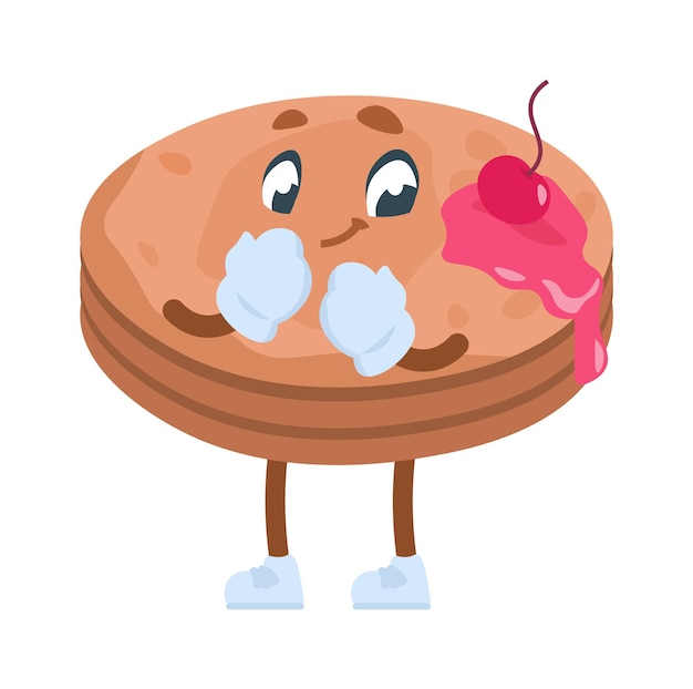 Cartoon divertente personaggio della colazione mascot con sorriso antropomorfo viso braccia e gambe pancake e topping e cherry cafe modello di menu dei dessert illustrazione del pasto mattutino vettoriale