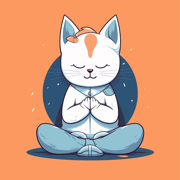 Vector cartoon funny cat mascot meditating vector illustration character concept animal icon isolated