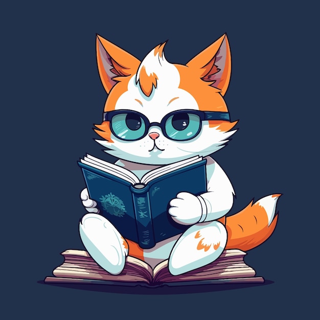 Cartoon funny cat mascot reading book vector illustration character concept animal education icon