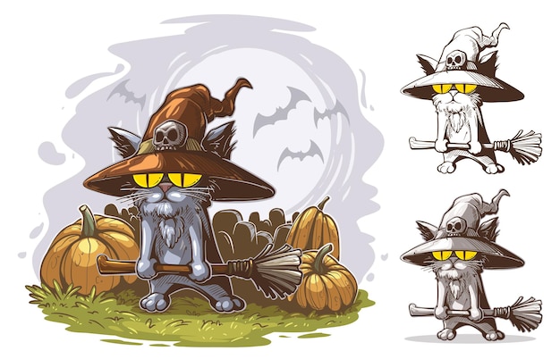 Мультяшный смешной кот с большими желтыми глазами в шляпе ведьмы с черепом, держащим метлу. Векторная открытка Хэллоуина с луной, летучей мышью, кладбищем и тыквами на фоне.