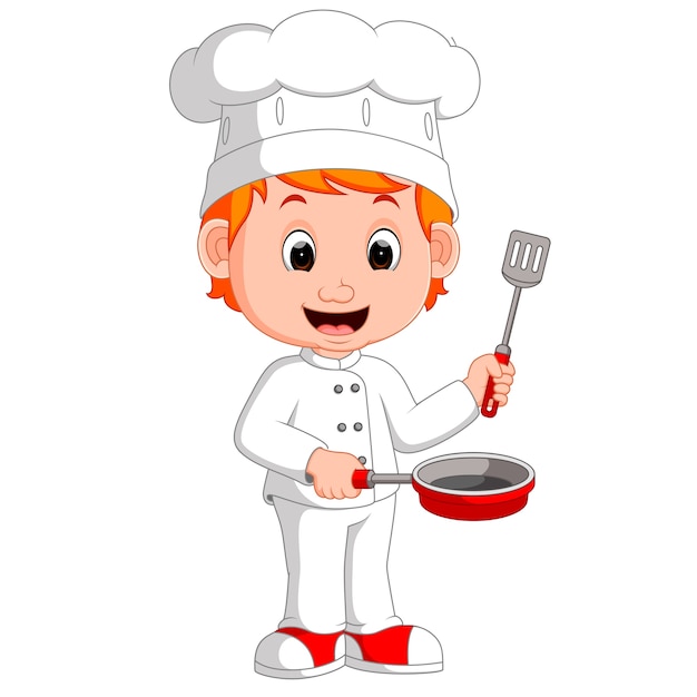 Vector cartoon funny chef holding frying pan